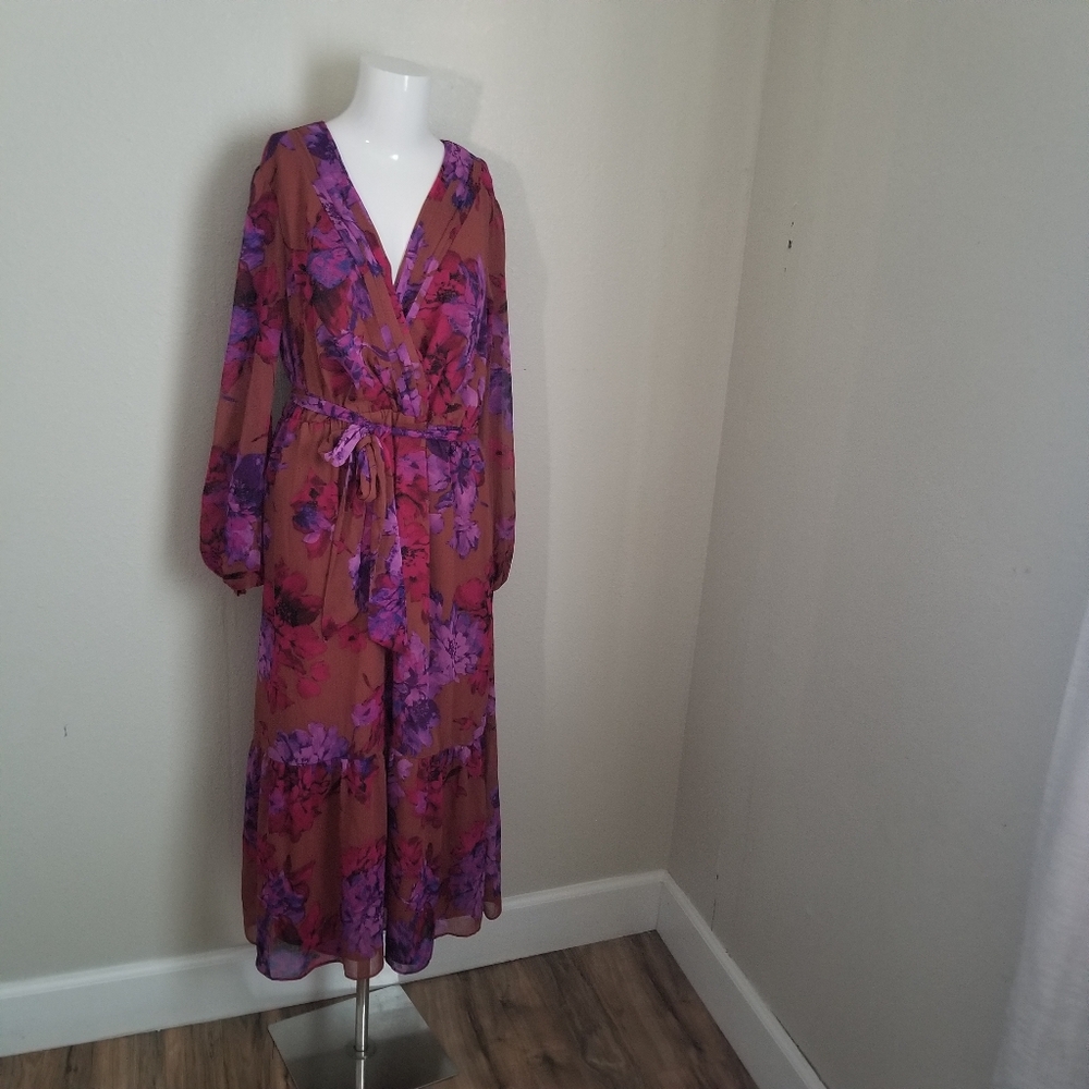 Sofia Vergara Elegant Floral Long Sleeve Dress - Purple and Brown